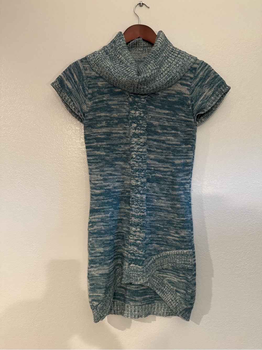 Cowl Neck Short Sleeve Knit Tunic - Teal Marled